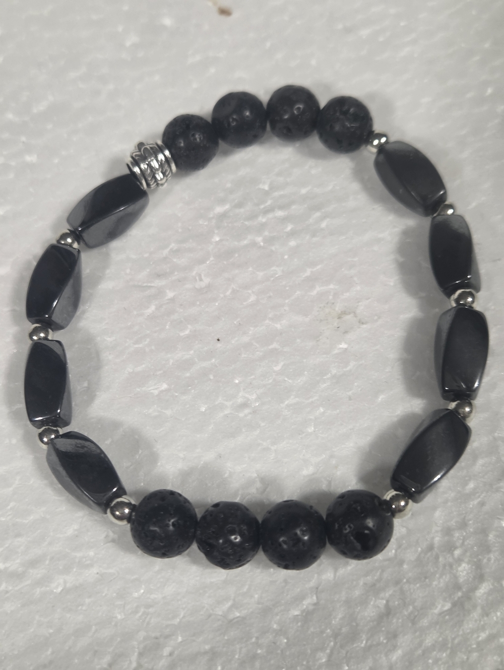 Handcrafted Black Beaded Stretch Bracelet - Lava Stone & Hematite